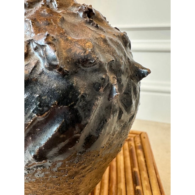 Vintage 1970’s Signed Brutalist Ceramic Vase in Brown For Sale - Image 10 of 14