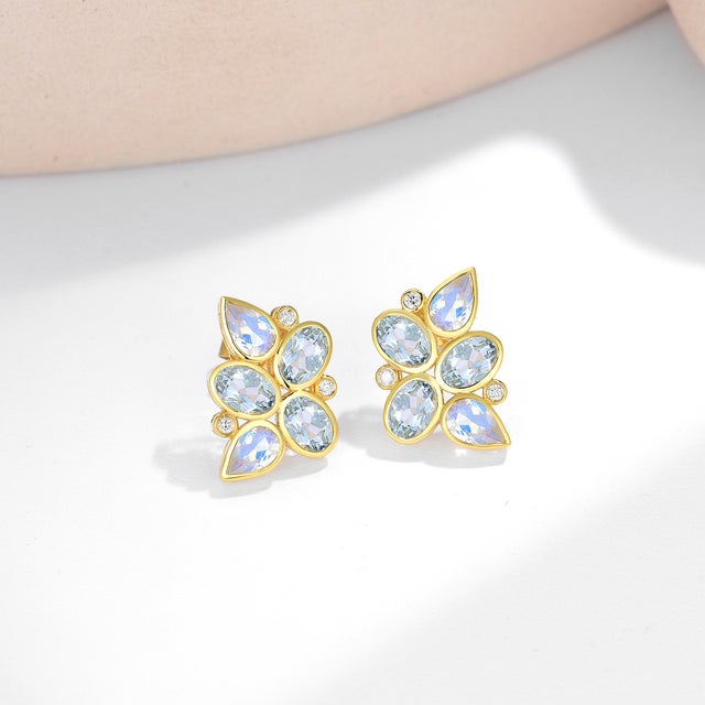 Sky Blue Nina Zhou Aquamarine Moonstone Diamond Cluster Earrings in 14k Yellow Gold - a Pair For Sale - Image 8 of 11