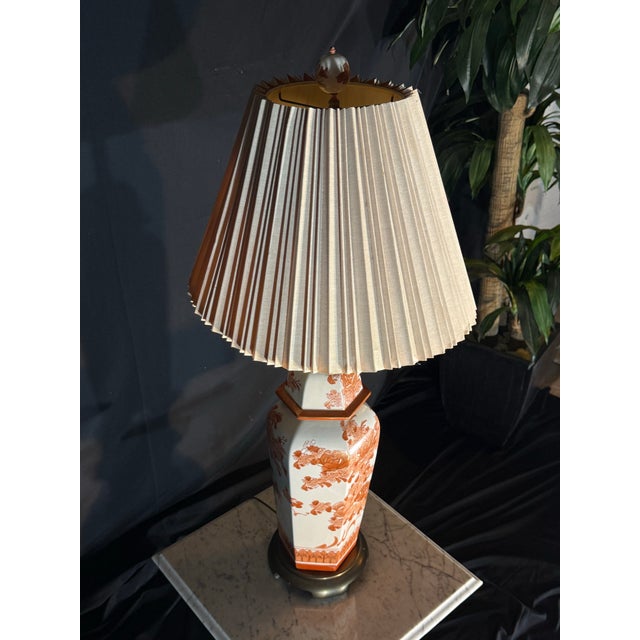 Orange Vintage Chinoiserie Porcelain Table Lamp With Terracotta Floral Motif and Pleated Shade For Sale - Image 8 of 10