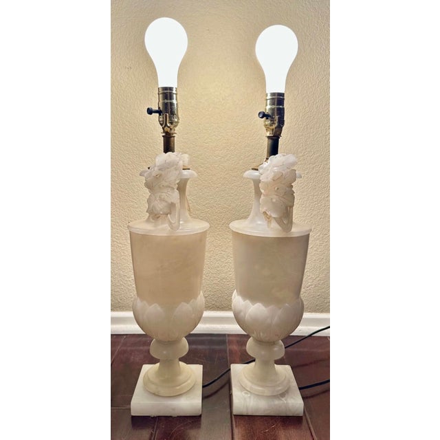 1920s Large Pair of Hand-Carved French Alabaster Neoclassical Urn Table Lamps For Sale - Image 16 of 18