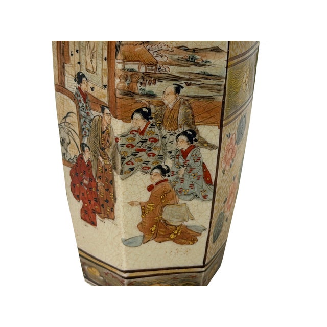 6" Asian Satsuma Style Hexagonal Figures Painted Porcelain Art Vase For Sale - Image 12 of 12