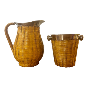 Vintage Coastal Cane Wrapped Barware Set Pitcher and Ice Bucket