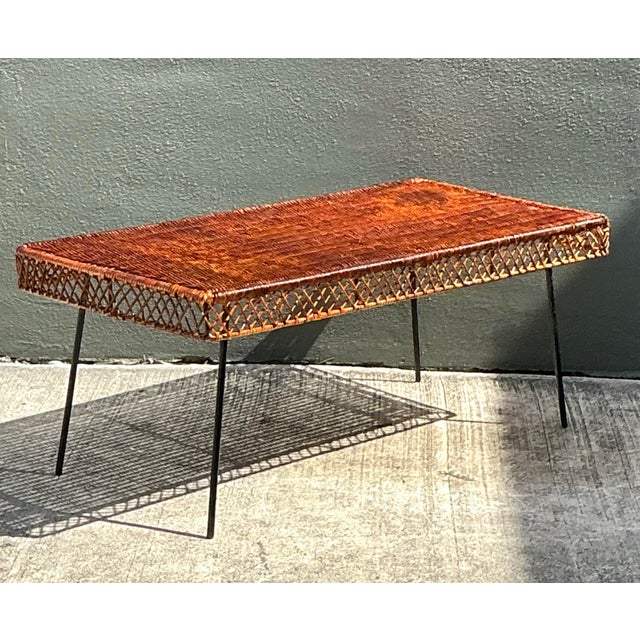 Wood Vintage Woven Rattan and Metal Coffee Table For Sale - Image 7 of 12