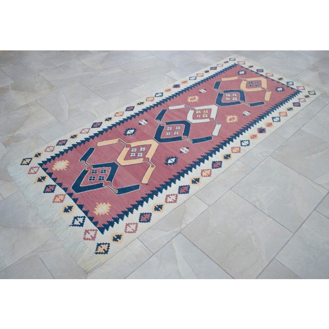 3x7 Pink Navy Silk Kilim, Modern Turkish Flatweave Runner, Handwoven Entryway Corridor Rug, Geometric Tribal Runner For Sale - Image 16 of 18