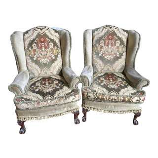 Pair of Antique Upholstered Wingback Armchairs For Sale