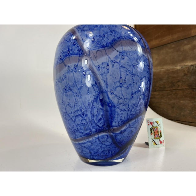 Contemporary Late 20th Century Large Vase Blue Mouth Blown Art Glass Sea Scape Gold Dust vintage 12.5" For Sale - Image 3 of 16