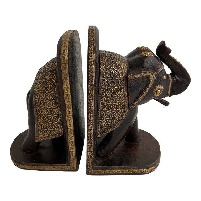 Vintage Carved Wooden Elephant Bookends With Brass Inlay – Pair For Sale