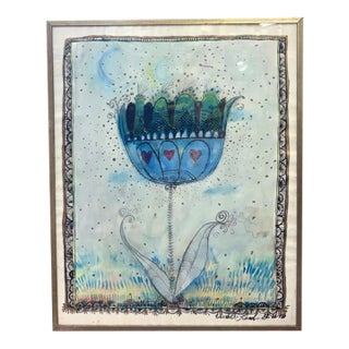 Mid Century Painting - Hearts on a Flower - Signed, Dated 1979 For Sale