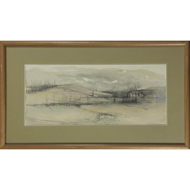 Vintage Realist Winter Brandywine Drypoint and Watercolor Landscape, Framed. Winter landscape with trees and farmhouse in...