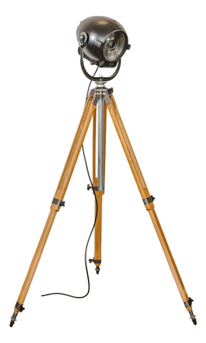 Matte Black Electric Patt 123 Theater Lamp on Wooden Tripod Floor Lamp from Strand, 1950s