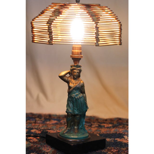 Bronze Late 19th Century Eclectic Bronze Woman Lamp With Popsicle Stick Shade For Sale - Image 8 of 17
