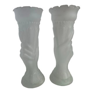 Vintage Frosted Glass Hand Vases -A Pair For Sale