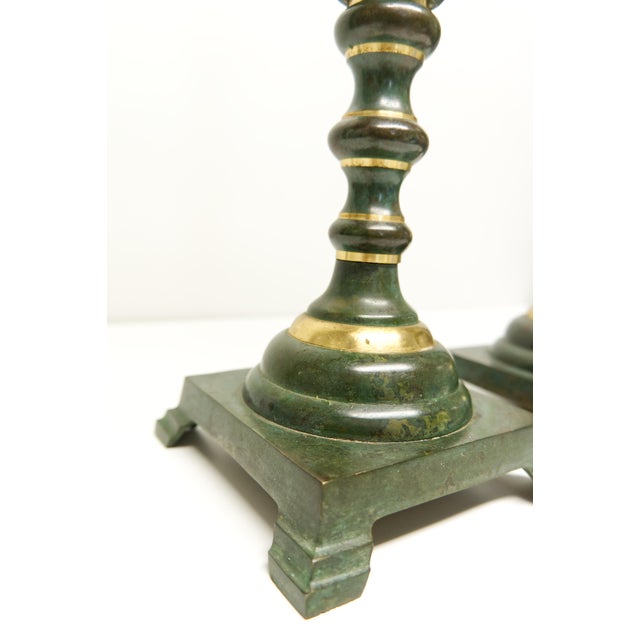 Faux Verdigris Patina Brass Candlesticks a Pair For Sale In Louisville - Image 6 of 8