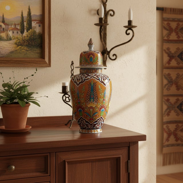 2020s Handmade Ceramic “Shah” Ginger Jar (30cm) – Rare Amber/Orange Ground & Cypress – Traditional Lidded Decor For Sale - Image 5 of 9