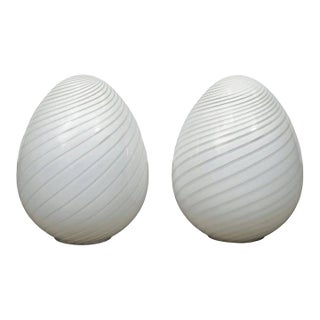 Murano Glass Egg Lamps, Pair of Large White Swirl Opaline Lamps For Sale