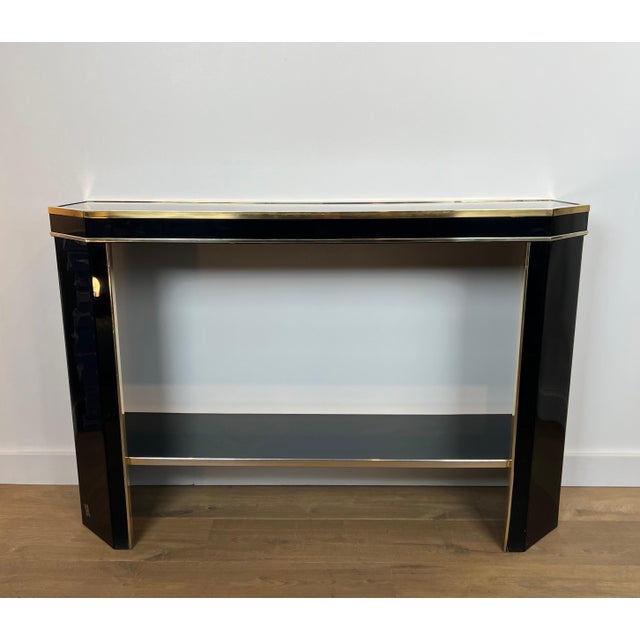 Mid-Century Modern 1970s Black and gold lacquered metal console signed by French designer Jean-Claude Mahey For Sale - Image 3 of 12