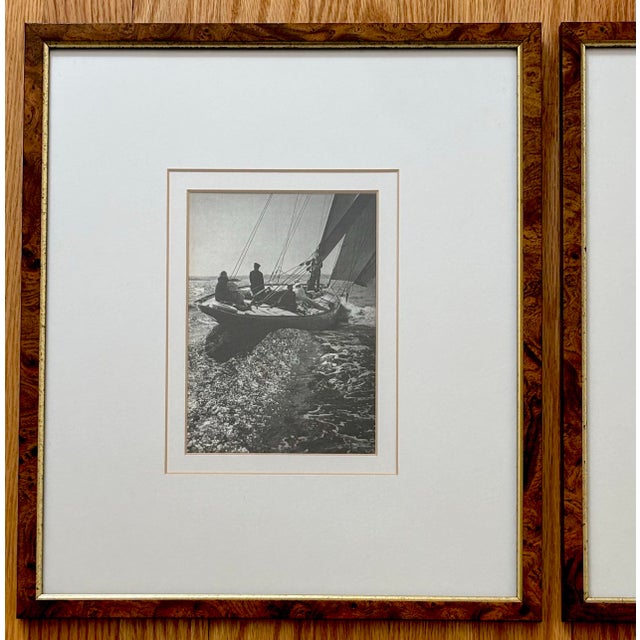 1930s pair of black and white framed photographs of sailboats and seamen by Rosenfeld, known for his maritime collection...
