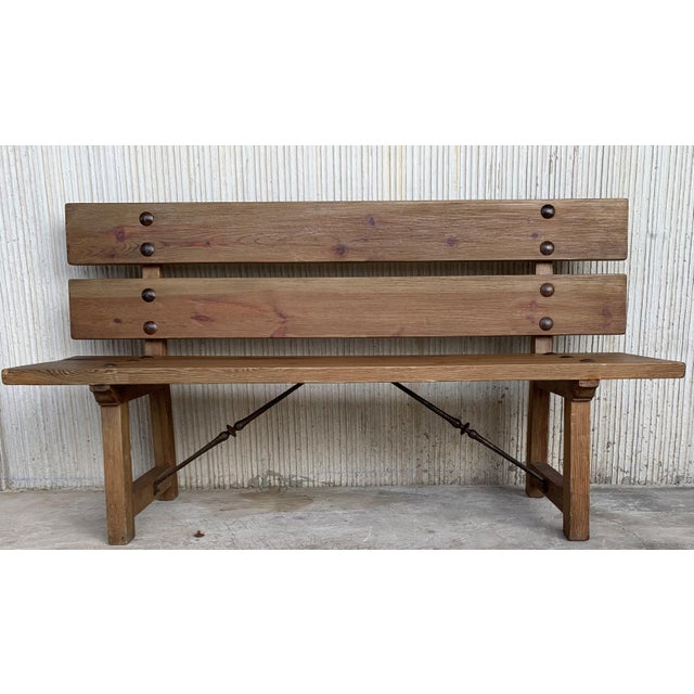 20th Spanish Park or Garden Bench With Wood Slabs & Iron Stretcher