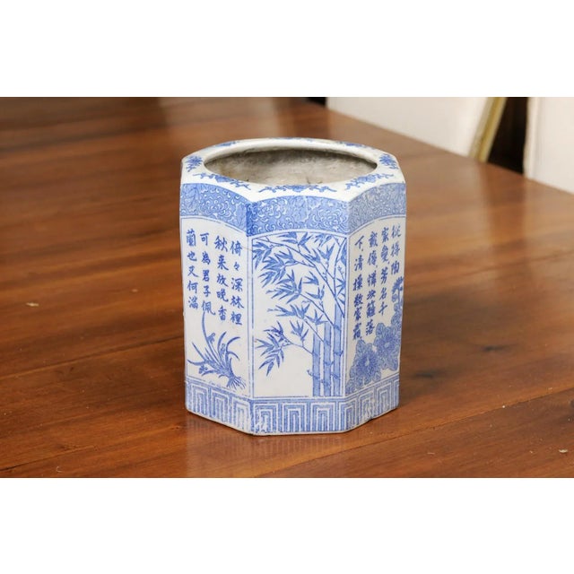 Chinese Vintage Chinese Blue & White Hexagonal Porcelain Vase with Hand-Painted Foliage Décor For Sale - Image 3 of 13