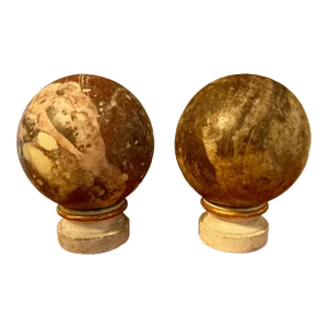 Antique 19th Century French Grand Tour Carved Hard Stone Marble Spheres on Gilt Wood Stands - a Pair