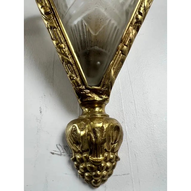 1930s French Art Deco Brass & Frosted Glass Shield Shaped Wall Sconce, a Pair For Sale - Image 10 of 14