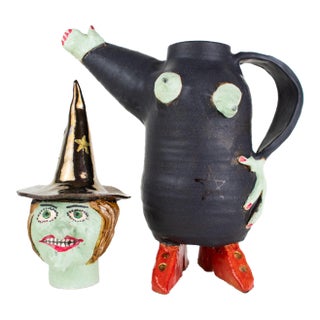 Signed, Dated Postmodern Feminist Sculptural Teapot Pottery - Witch Teapot, 1998 For Sale