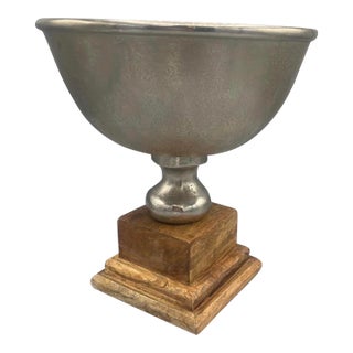 Silver-Tone Metal Pedestal Bowl on Carved Wood Base For Sale
