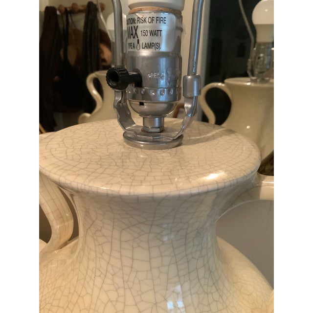 Early 21st Century Large Cream White Crackle‑Glaze Urn Lamps With Scroll Handles – 30” - A Pair For Sale - Image 5 of 8