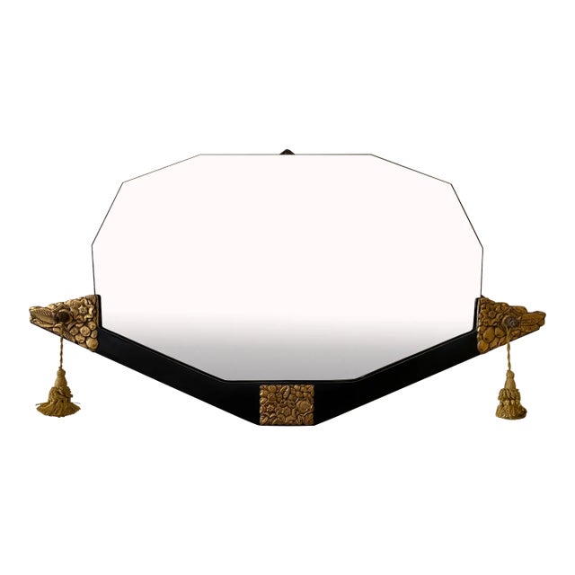 1930s Period French Art Deco Black Lacquered Wood and Gilt Mirror For Sale