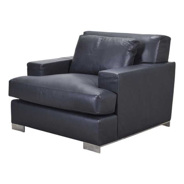 Ralph Lauren Navy Leather Pryce Club Chair With Steel Feet For Sale