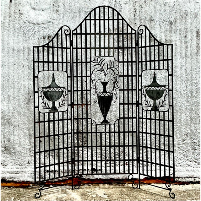 Traditional Vintage French Regency Wrought Iron Urn Folding Screen For Sale - Image 3 of 5