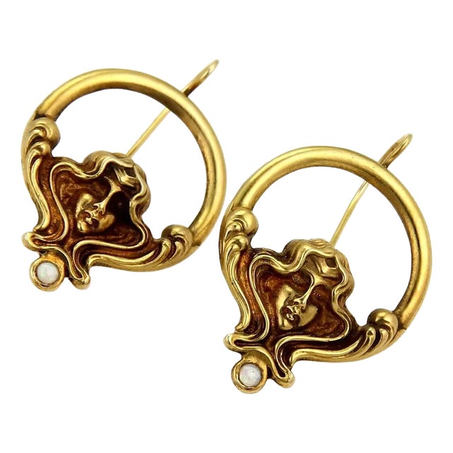 Opal Woman's Face Circle Dangle 14k Yellow Gold Earrings, 2 Pieces For Sale