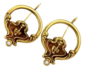 Opal Woman's Face Circle Dangle 14k Yellow Gold Earrings, 2 Pieces