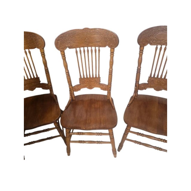 Vintage Solid Oak Carved Pressed-Back Dining Chairs, Set of 4, Early American Farmhouse For Sale - Image 4 of 6