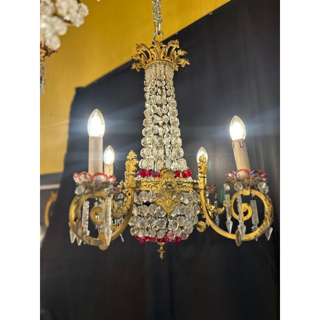 Gilt Bronze and Crystal 4-Light Chandelier with Enameled Glass Decoration, Early 20th Century For Sale - Image 12 of 12