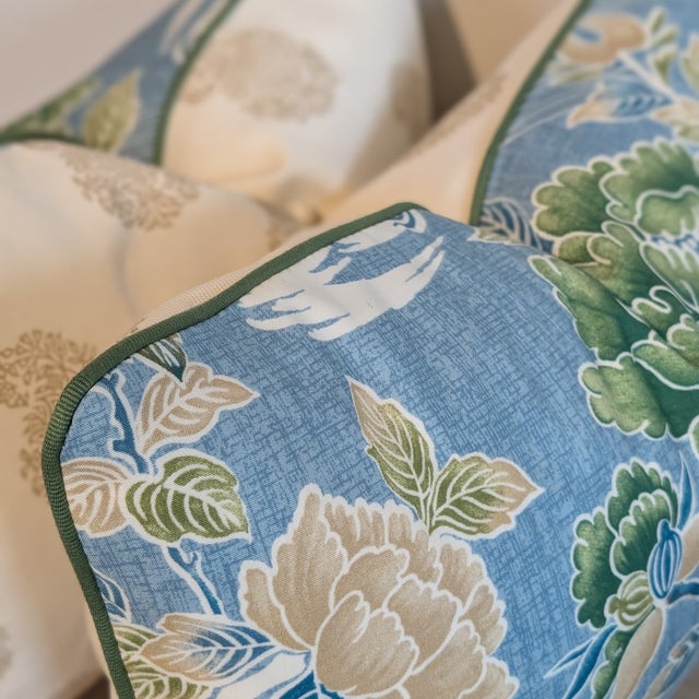 Brunschwig & Fils Shishi dragon in teal showcases a fun asian floral print. Green cording and Quadrille cream backs add a...