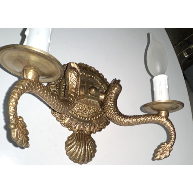 Pair Neoclassic Dolphin Shell Brass Wall Sconces For Sale In Palm Springs - Image 6 of 14