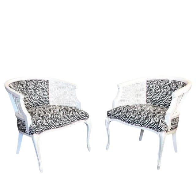 Pair of White Lacquer Cane Barrel Chairs For Sale