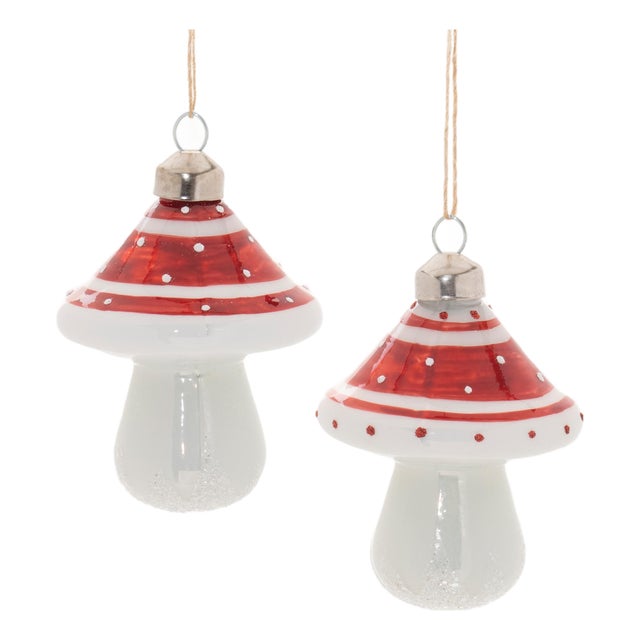 Glittered Glass Mushroom Ornament (Set of 6) For Sale