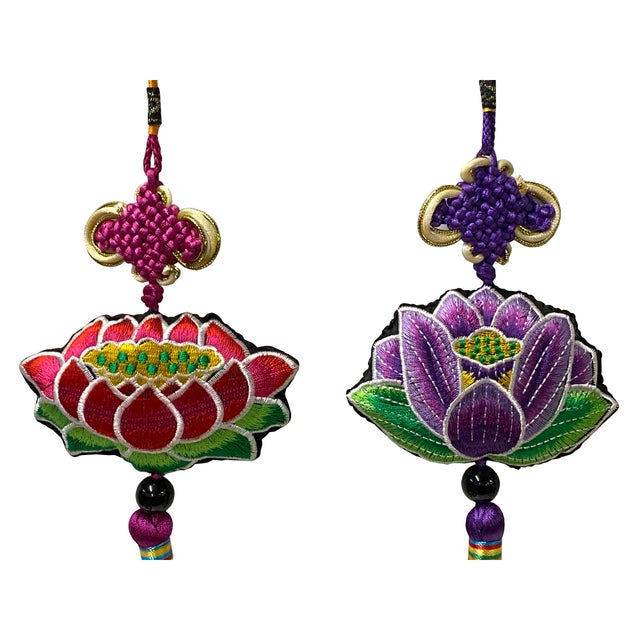 2 Chinese Lotus Flower Embroidery Endless Knot Tassel Art For Sale - Image 4 of 4