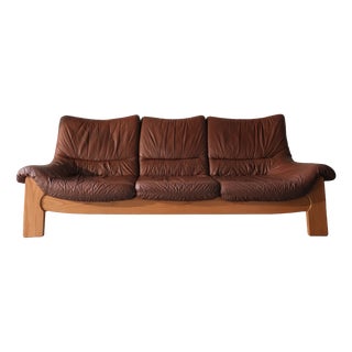 Vintage Three-Seater Sofa in Elm and Leather from Maison Regain, 1970s For Sale