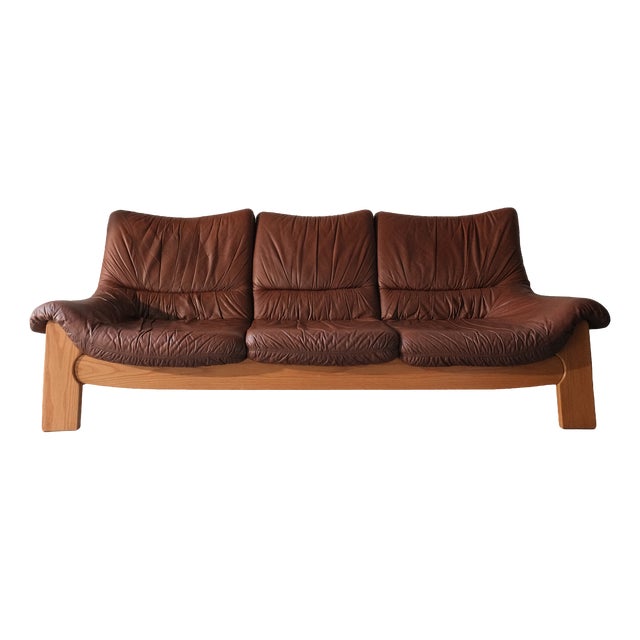 Vintage Three-Seater Sofa in Elm and Leather from Maison Regain, 1970s For Sale