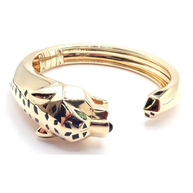 Contemporary Cartier Panther Panthere Tsavorite Onyx Yellow Gold Size 16 Bangle Bracelet For Sale - Image 3 of 13