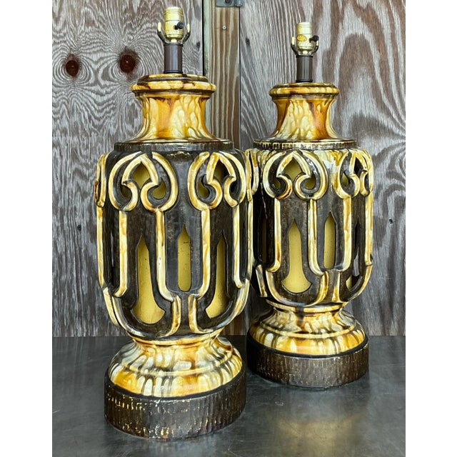 Mid 20th Century Vintage Mid-Century Modern Glazed Ceramic Lamps - a Pair For Sale - Image 4 of 8
