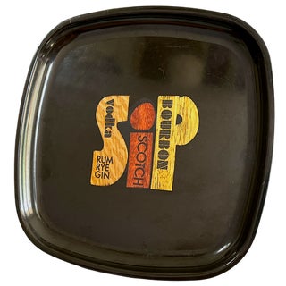 Vintage Inlayed Wood and Black Phenolic Resin Cocktail Tray by Couroc With Vodka Rum Rye Gin Scotch and Bourbon For Sale