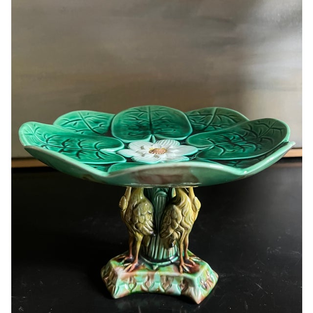 Late 19th Century Antique English Majolica Pond Lily Compote With Stork , C. 1880's For Sale - Image 5 of 16