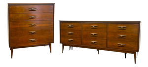 Vintage Mid-Century Modern Walnut Dresser Set – 9-Drawer Lowboy & 5-Drawer Highboy.