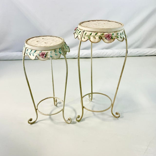 1950s Vintage French Style Boho Chic Scalloped Tole Rose Plant Stands - Set of 2 For Sale - Image 4 of 18