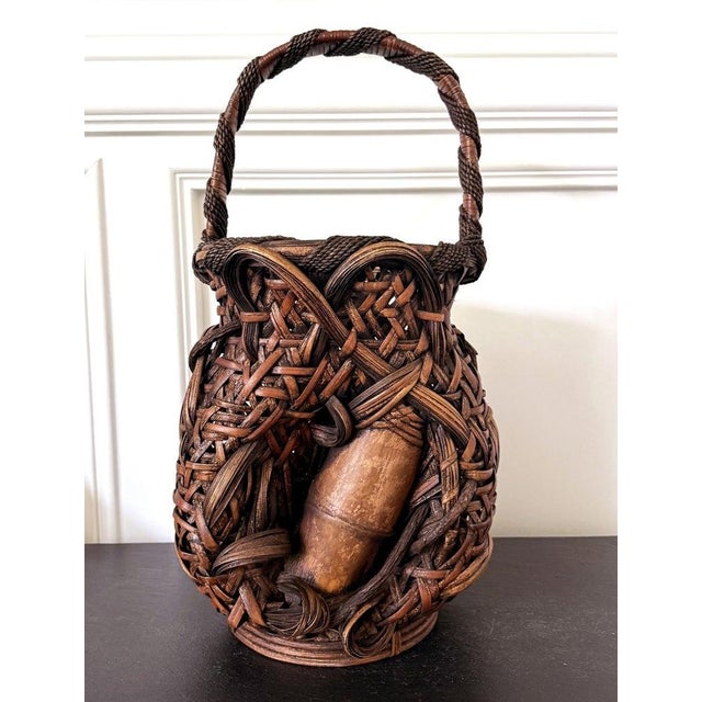 Large Antique Japanese Smoked Bamboo Basket Ikebana Mingei For Sale - Image 16 of 18