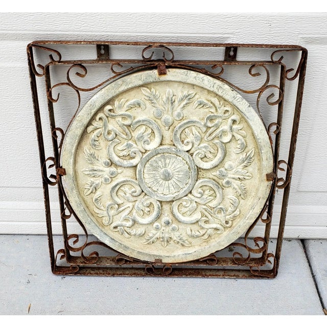 1980s Vintage Pair of Square Iron Framed Terracotta Relief Botanical Medallion Wall Hangings For Sale - Image 4 of 12